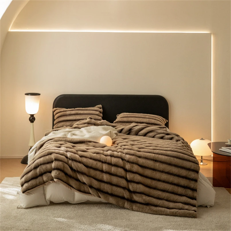 Contemporary Striped Faux Fur Throw Blanket