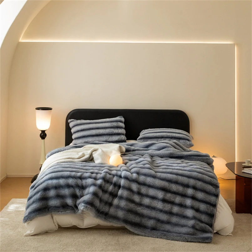 Contemporary Striped Faux Fur Throw Blanket