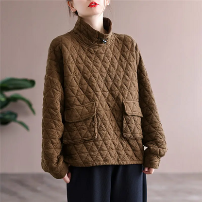 Olivia Oversized Quilted Pullover | Snap Button Collar Patch Pockets Pullover