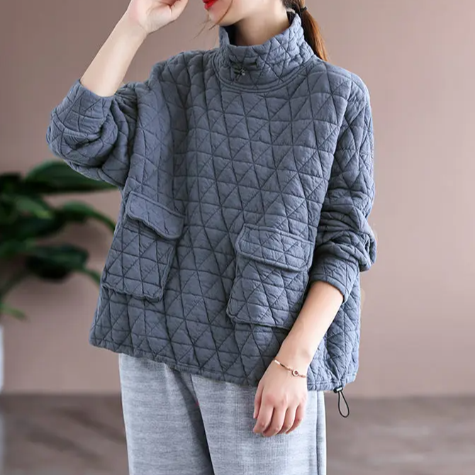 Olivia Oversized Quilted Pullover | Snap Button Collar Patch Pockets Pullover
