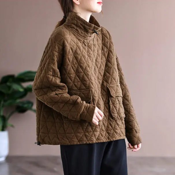 Olivia Oversized Quilted Pullover | Snap Button Collar Patch Pockets Pullover