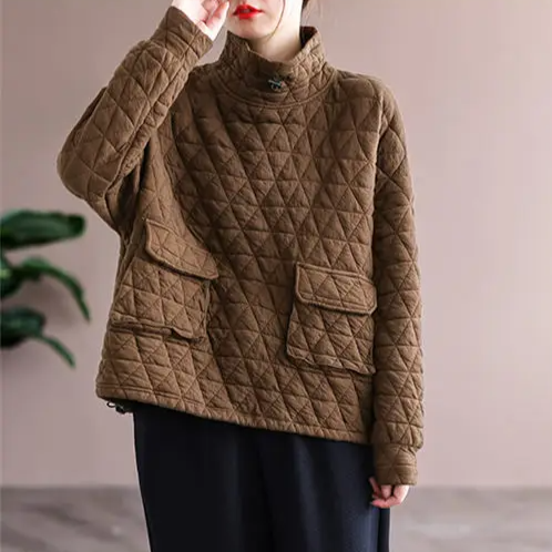 Olivia Oversized Quilted Pullover | Snap Button Collar Patch Pockets Pullover