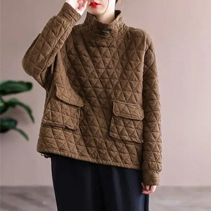 Olivia Oversized Quilted Pullover | Snap Button Collar Patch Pockets Pullover