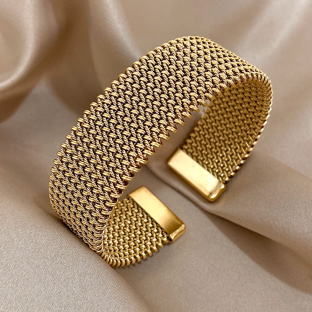 Isabella Mesh Open Cuff Cuff Bracelet | Wide Band Smooth End Caps Cuff Bracelet