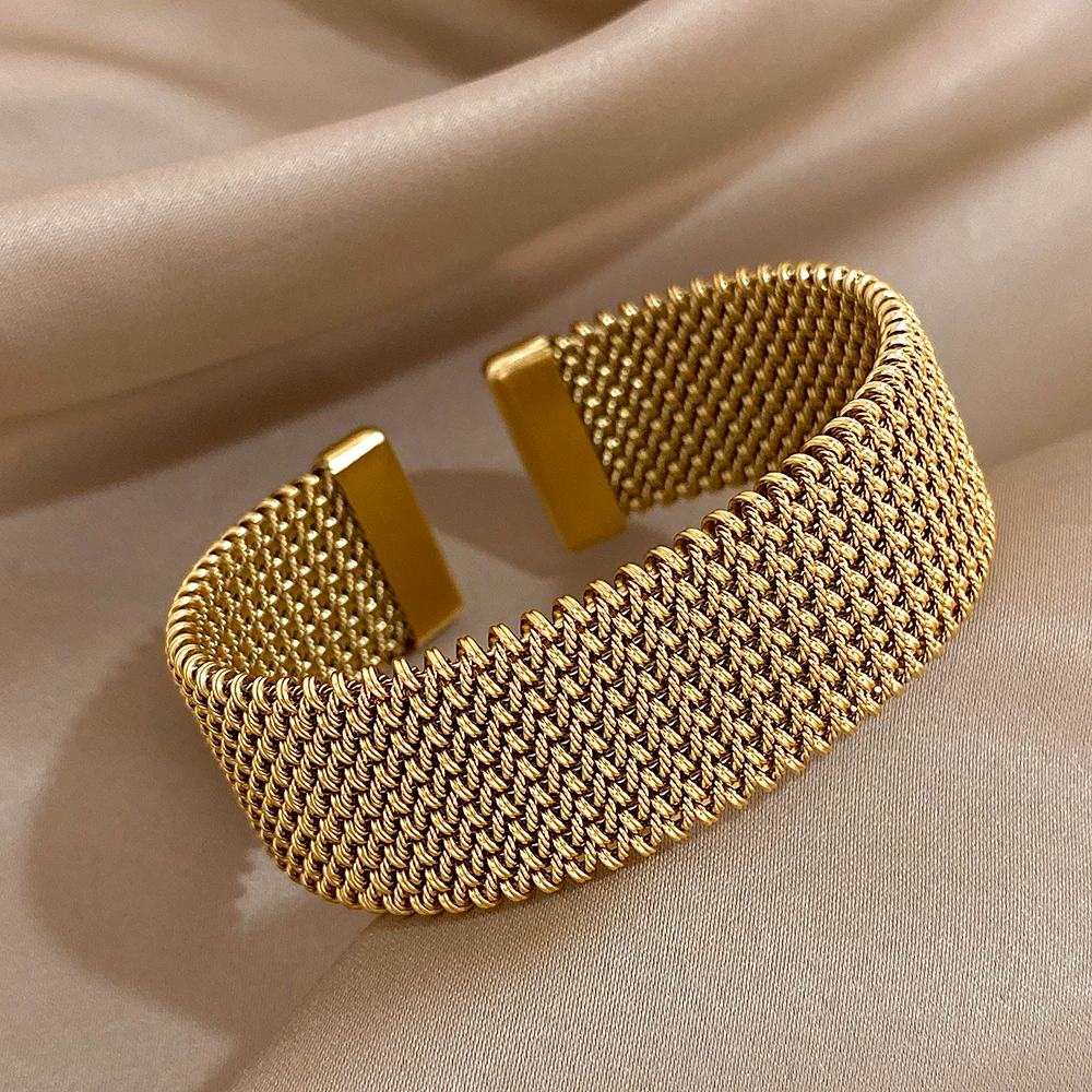 Isabella Mesh Open Cuff Cuff Bracelet | Wide Band Smooth End Caps Cuff Bracelet