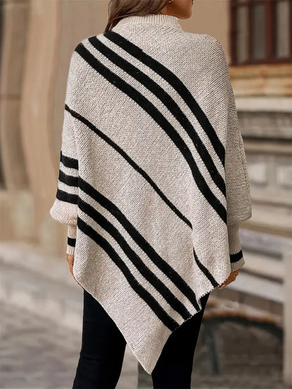 Isla Oversized Poncho Sweater | Striped Mock Neck Long Sleeve Poncho Sweater