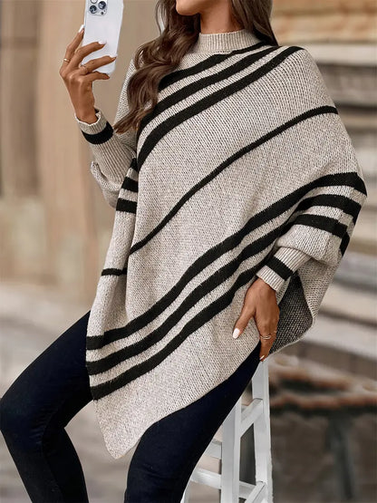 Isla Oversized Poncho Sweater | Striped Mock Neck Long Sleeve Poncho Sweater