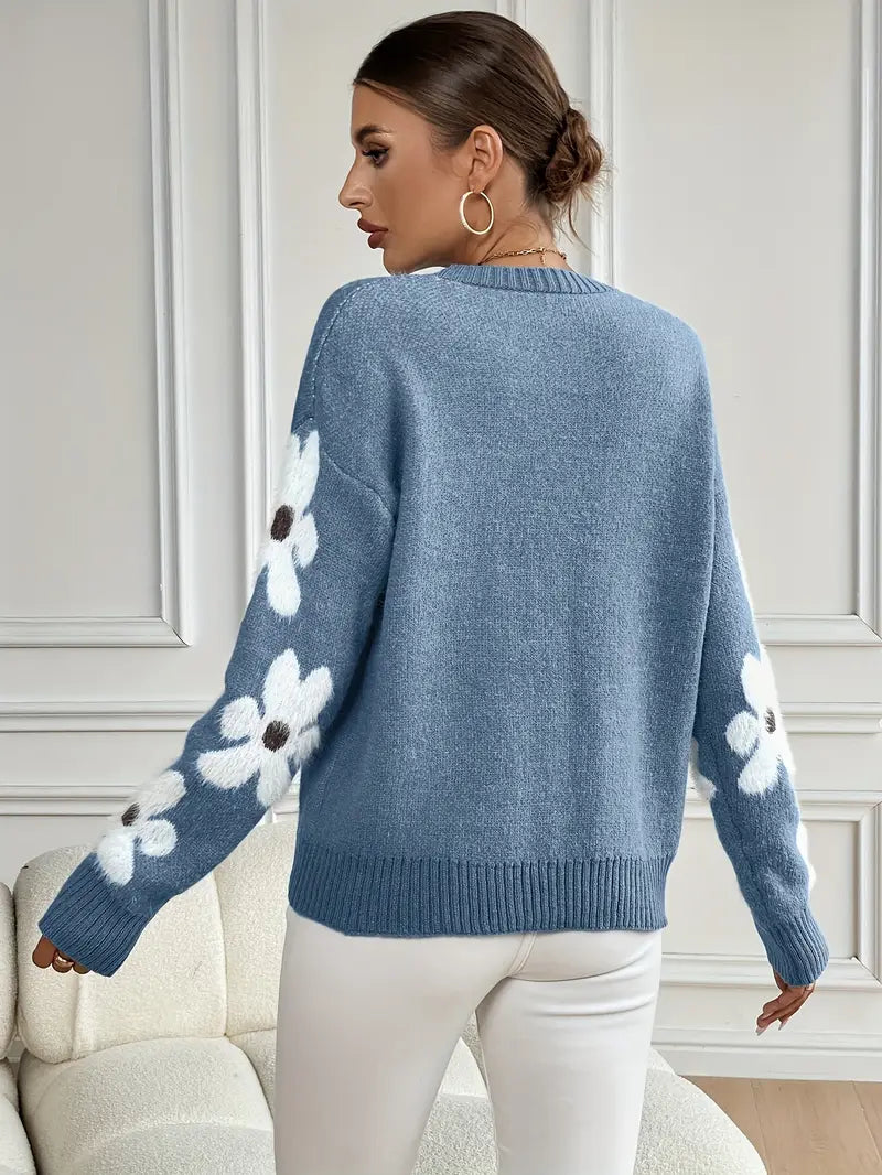 Freya Floral Crewneck Relaxed Fit Sweater | Ribbed Fuzzy Sweater
