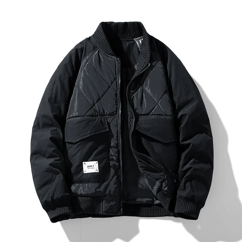 Henry Quilted Bomber Jacket | Ribbed Collar Flap Pockets Bomber Jacket