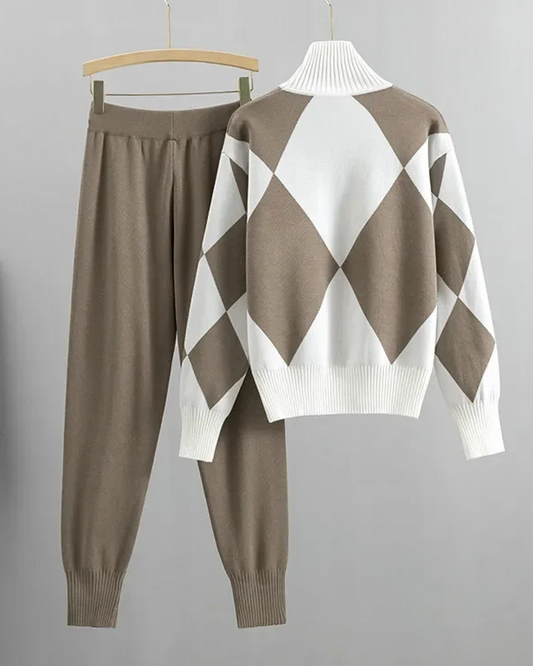 Rosie Relaxed Fit Argyle Turtleneck Sweater Two-Piece Set | Ribbed Hip-Length Sweater and Ribbed Joggers