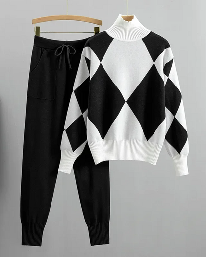 Rosie Relaxed Fit Argyle Turtleneck Sweater Two-Piece Set | Ribbed Hip-Length Sweater and Ribbed Joggers