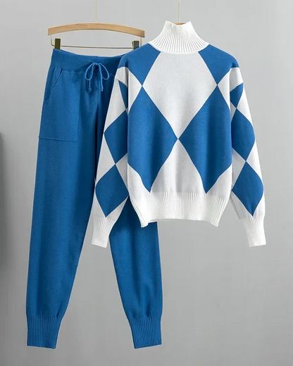 Rosie Relaxed Fit Argyle Turtleneck Sweater Two-Piece Set | Ribbed Hip-Length Sweater and Ribbed Joggers