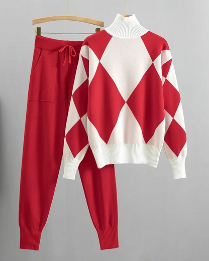Rosie Relaxed Fit Argyle Turtleneck Sweater Two-Piece Set | Ribbed Hip-Length Sweater and Ribbed Joggers