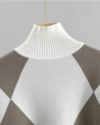 Rosie Relaxed Fit Argyle Turtleneck Sweater Two-Piece Set | Ribbed Hip-Length Sweater and Ribbed Joggers