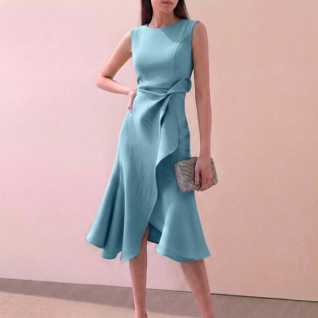 Ruffled Knot Detail Irregular Hem Midi-Length A-Line Dress for Women – Elegant Stylish Design