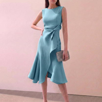 Ruffled Knot Detail Irregular Hem Midi-Length A-Line Dress for Women – Elegant Stylish Design