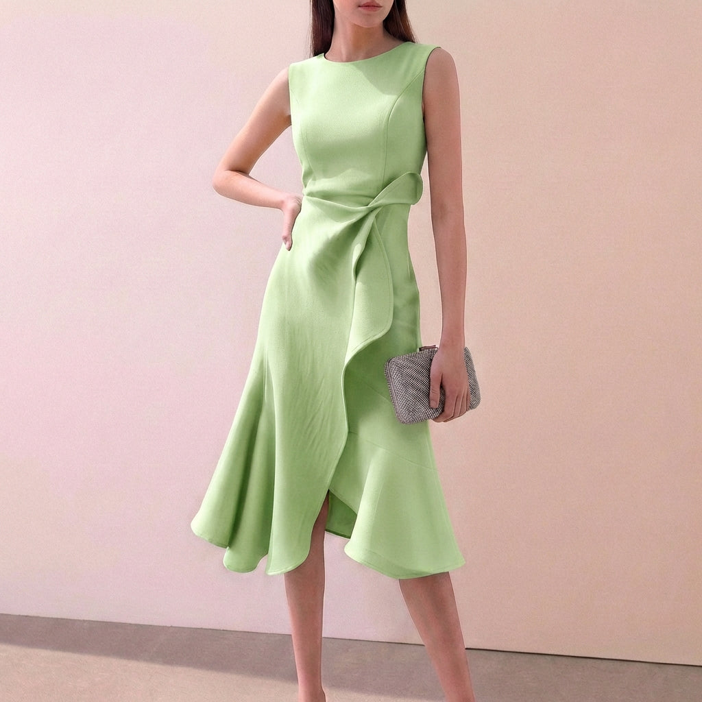 Ruffled Knot Detail Irregular Hem Midi-Length A-Line Dress for Women – Elegant Stylish Design