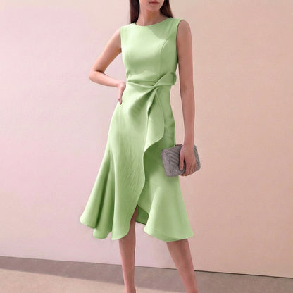 Ruffled Knot Detail Irregular Hem Midi-Length A-Line Dress for Women – Elegant Stylish Design