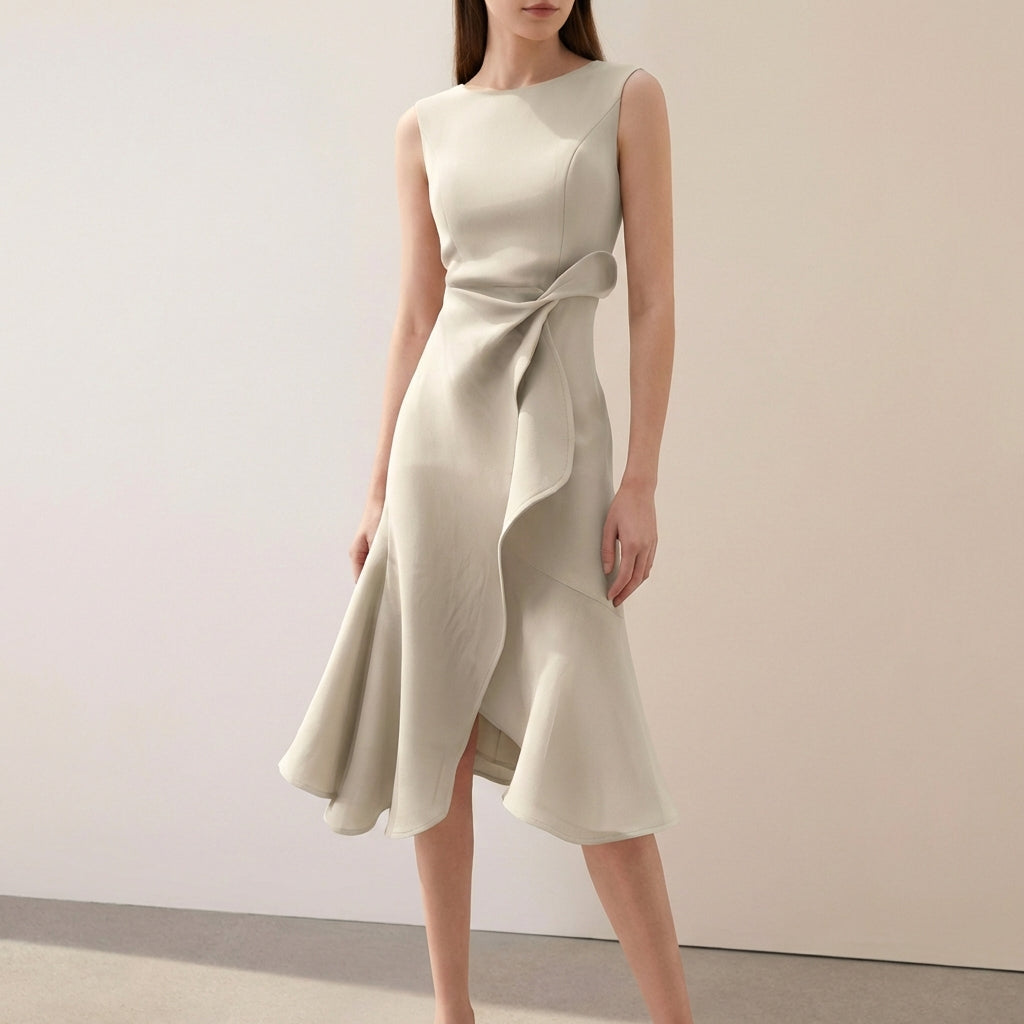 Ruffled Knot Detail Irregular Hem Midi-Length A-Line Dress for Women – Elegant Stylish Design