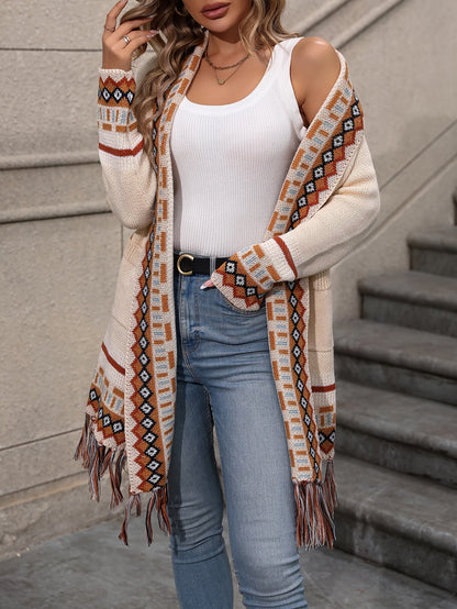 Isabella Relaxed Fit Cardigan | Fringe Detail Geometric Pockets Cardigan