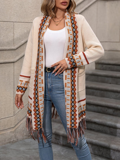 Isabella Relaxed Fit Cardigan | Fringe Detail Geometric Pockets Cardigan