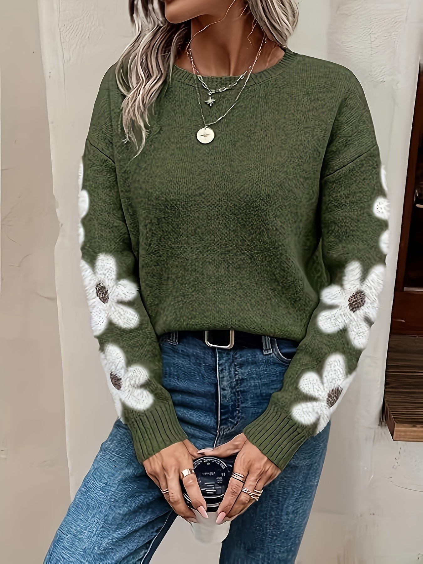 Freya Floral Crewneck Relaxed Fit Sweater | Ribbed Fuzzy Sweater