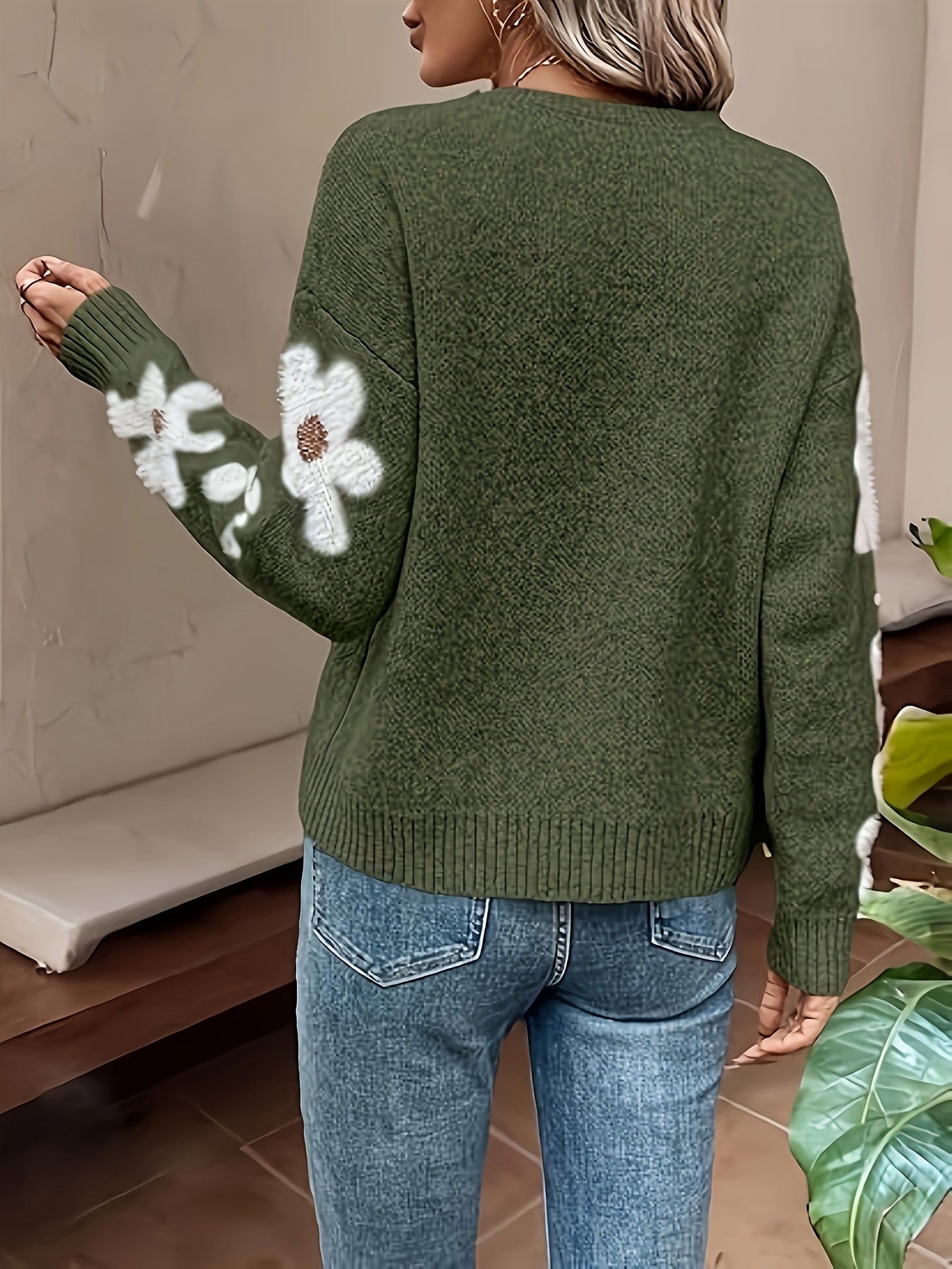 Freya Floral Crewneck Relaxed Fit Sweater | Ribbed Fuzzy Sweater