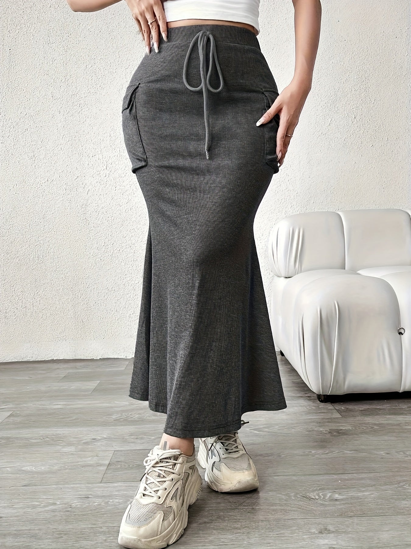 Isla Mermaid Ribbed Cargo Skirt | Drawstring Waist Cargo Skirt