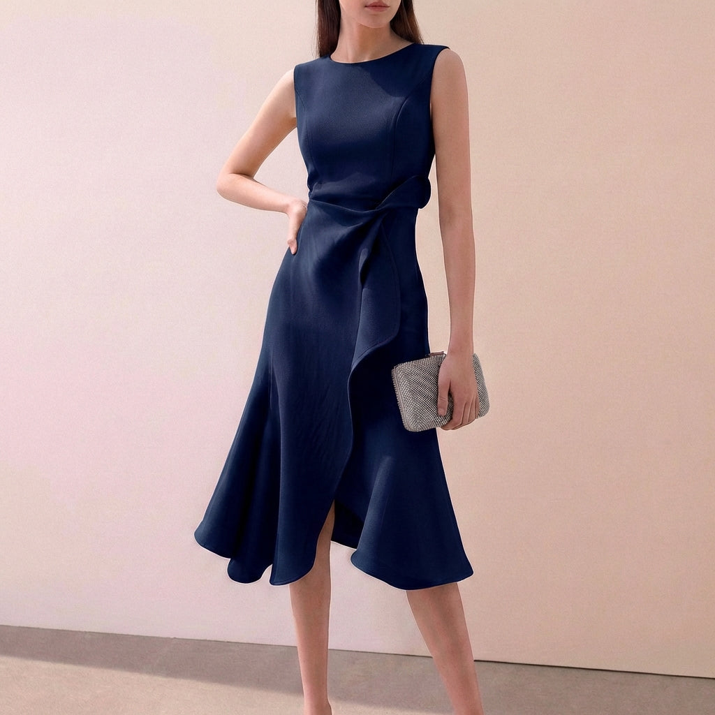 Ruffled Knot Detail Irregular Hem Midi-Length A-Line Dress for Women – Elegant Stylish Design