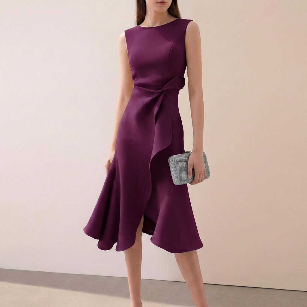 Ruffled Knot Detail Irregular Hem Midi-Length A-Line Dress for Women – Elegant Stylish Design
