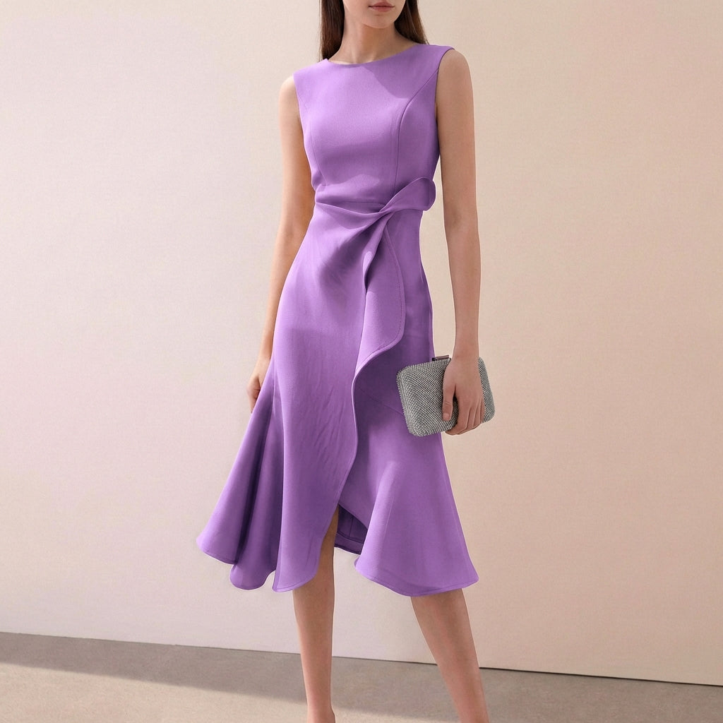 Ruffled Knot Detail Irregular Hem Midi-Length A-Line Dress for Women – Elegant Stylish Design